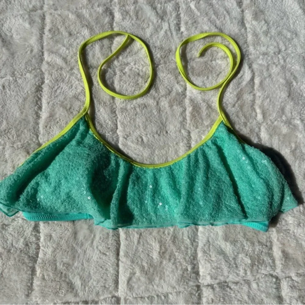 Victoria's Secret | Aqua Sequin Flounce Bikini Top | Size Medium